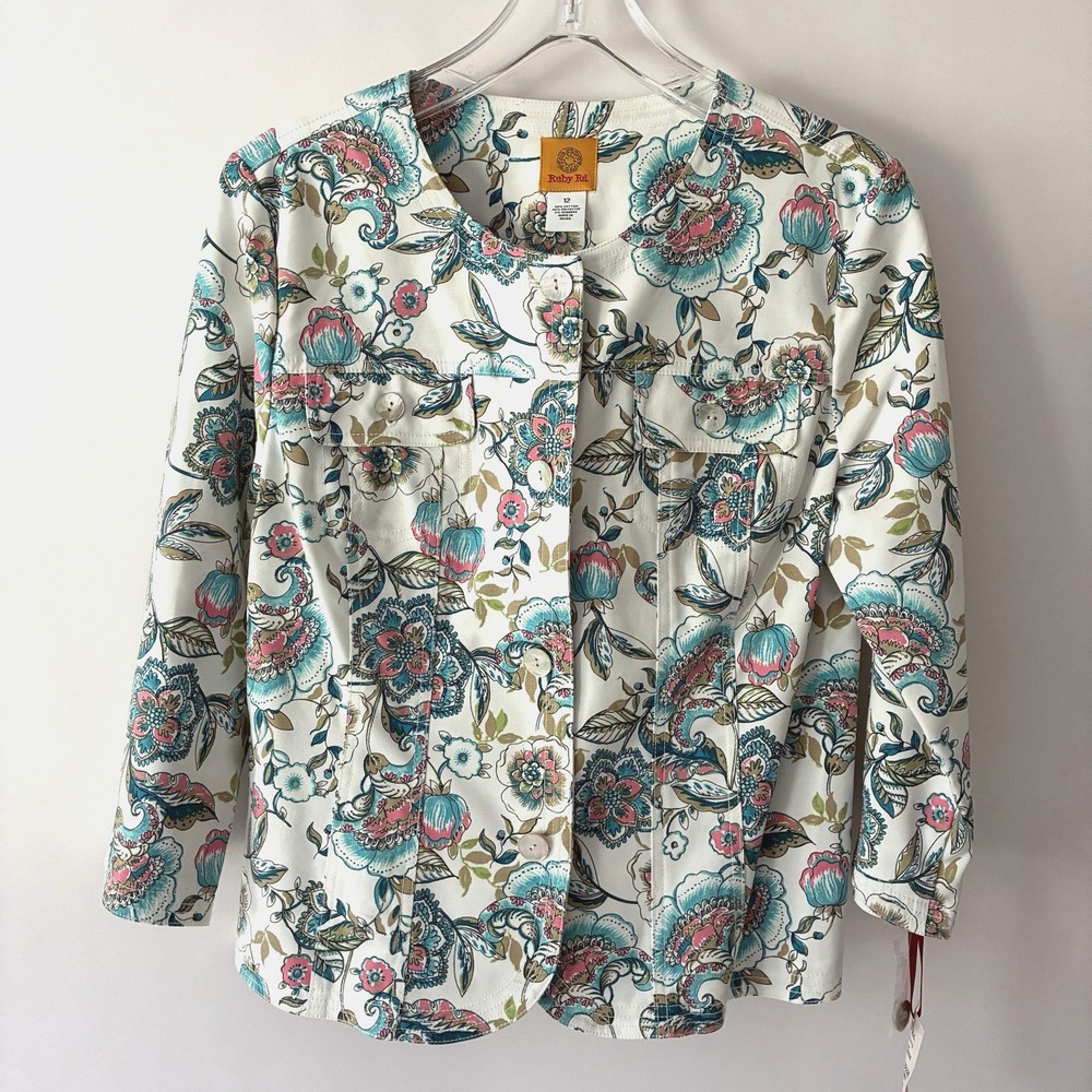 Ruby Rd Jacket Blazer Women Size 12P Teal Pink Floral Casual NWT Minimalist Chic
